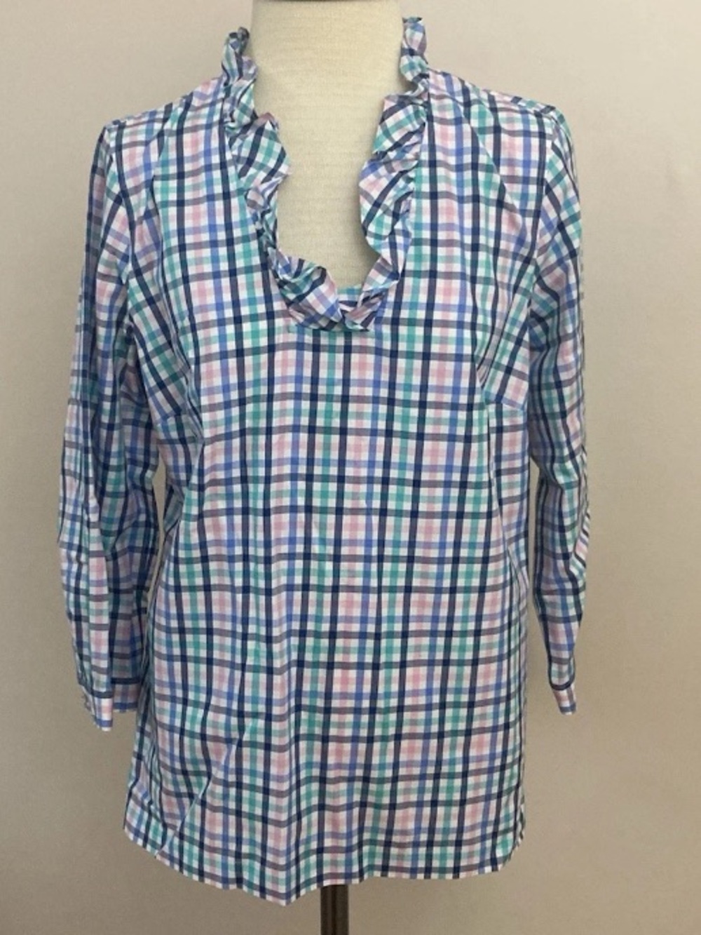 6-21 Talbots Plaid Top Ruffle Collar Pastel 8P Tunic Non Iron Preppy 8 Petite